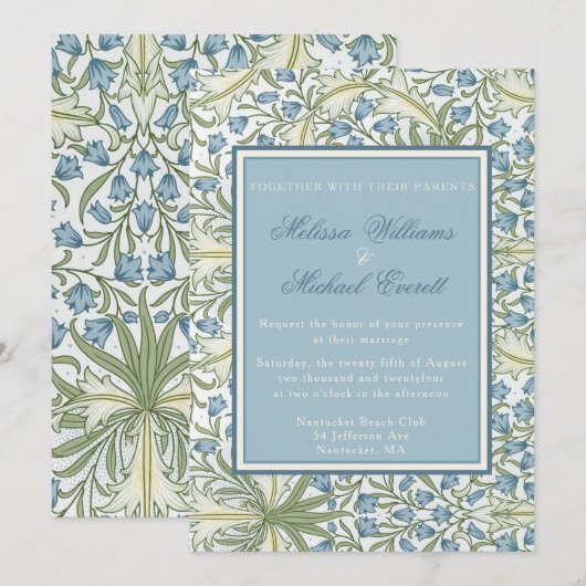 William Morris - Elegant Blauwe Belbloemen Bruilof Kaart (Voorkant / Achterkant)