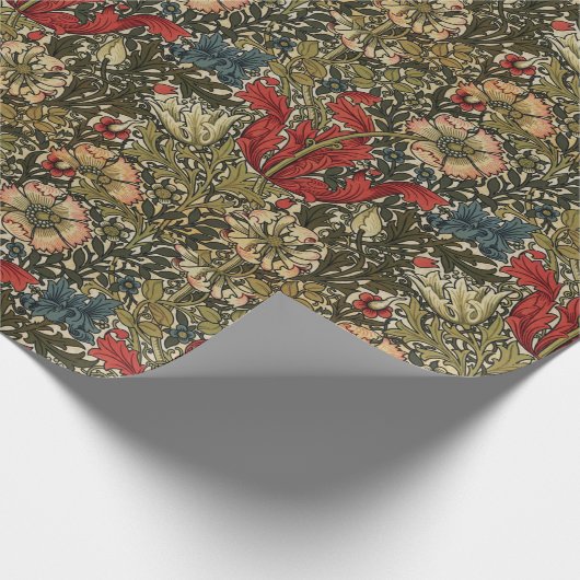 William Morris Elegant Bloemenpatroon Rood Groen Cadeaupapier (Hoek)