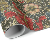 William Morris Elegant Bloemenpatroon Rood Groen Cadeaupapier (Rol Hoek)