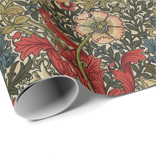 William Morris Elegant Bloemenpatroon Rood Groen Cadeaupapier (Rol Hoek)