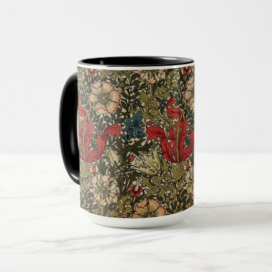 William Morris Elegant Bloemenpatroon Rood Groen Mok (Voorkant links)