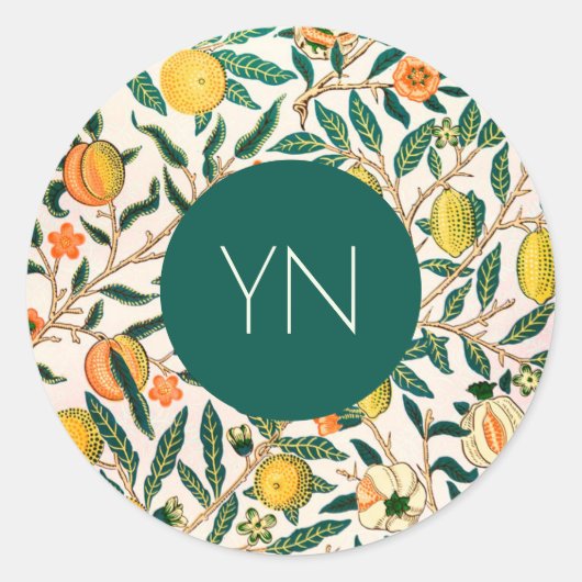 WILLIAM MORRIS ENVELOPE SEAL "YELLOW POMEGRANATES" RONDE STICKER (Voorkant)