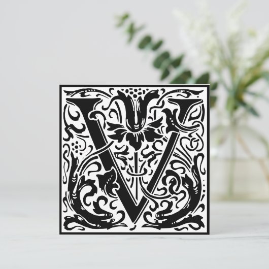 William Morris Floral Alphabet Monogram Letter V Kaart (Staand voorkant)