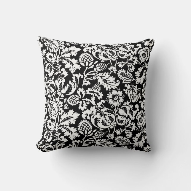 William Morris Floral Damask, Black and White Kussen (Voorkant)