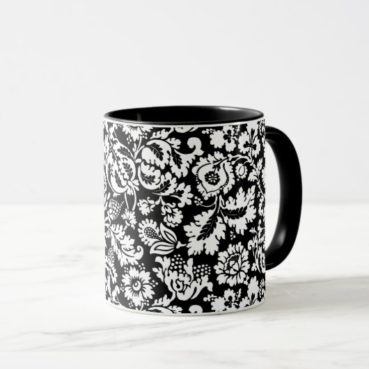 William Morris Floral Damask, Black and White Mok (Voorkant rechts)