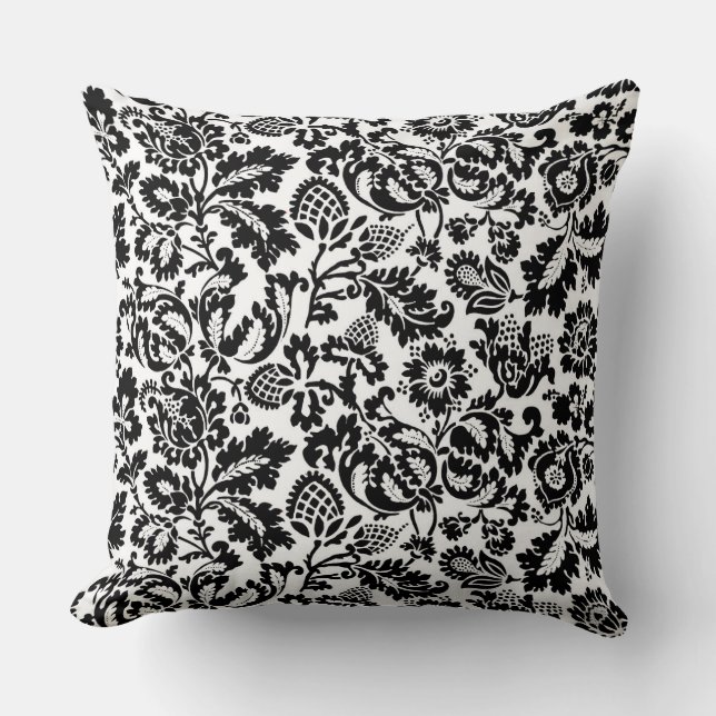 William Morris Floral Damask, Black on White Kussen (Voorkant)