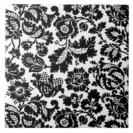 William Morris Floral Damask, Black on White Tegeltje (Voorkant)