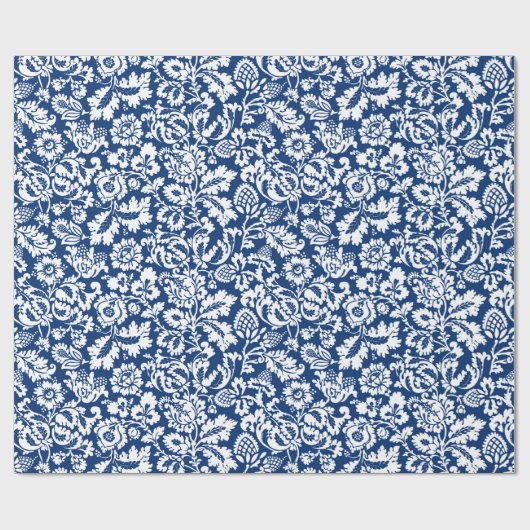 William Morris Floral Damask, Cobalt Blue en White Cadeaupapier (Vlak)