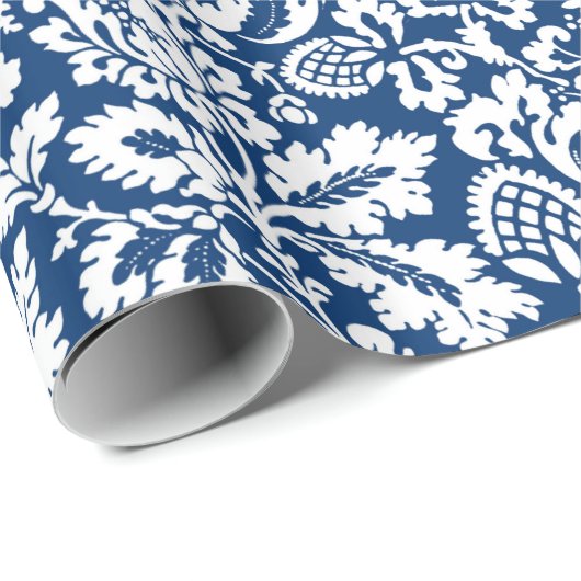 William Morris Floral Damask, Cobalt Blue en White Cadeaupapier (Rol Hoek)