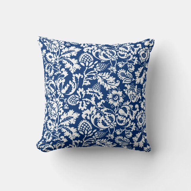 William Morris Floral Damask, Cobalt Blue en White Kussen (Voorkant)