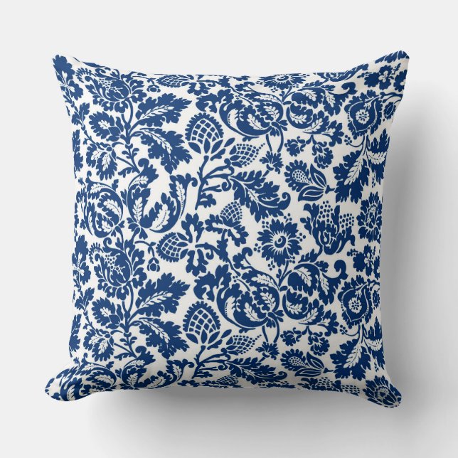 William Morris Floral Damask, Cobalt Blue op White Kussen (Voorkant)