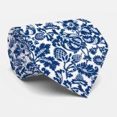 William Morris Floral Damask, Cobalt Blue op White Stropdas (Opgerold)