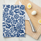 William Morris Floral Damask, Cobalt Blue op White Theedoek (Quarter Fold)