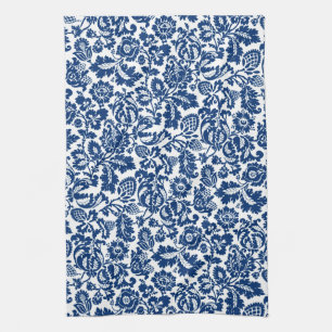William Morris Floral Damask, Cobalt Blue op White Theedoek