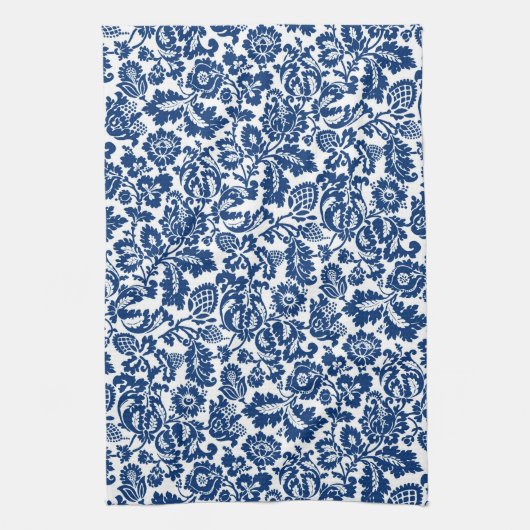 William Morris Floral Damask, Cobalt Blue op White Theedoek (Verticaal)