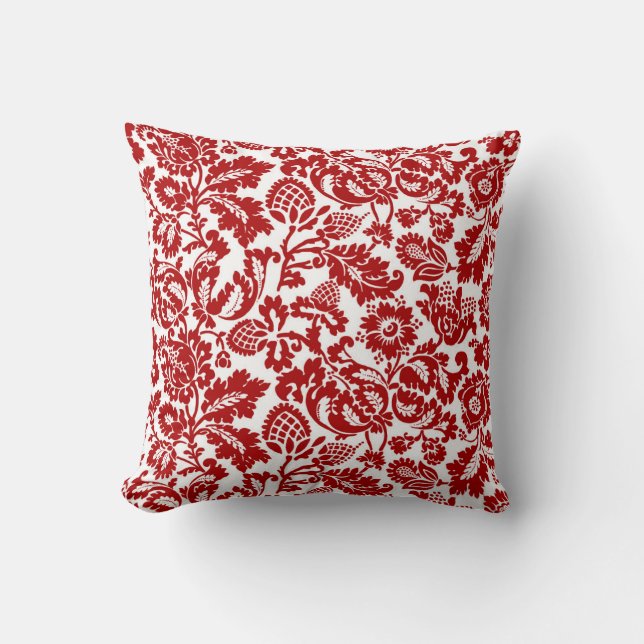 William Morris Floral Damask, Deep Red en White Kussen (Voorkant)