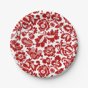 William Morris Floral Damask, Deep Red en White Papieren Bordje