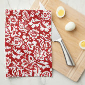 William Morris Floral Damask, Deep Red en White Theedoek (Quarter Fold)