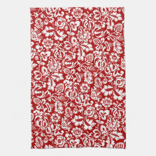 William Morris Floral Damask, Deep Red en White Theedoek