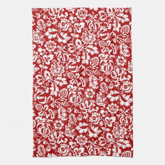 William Morris Floral Damask, Deep Red en White Theedoek (Verticaal)
