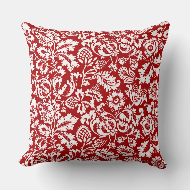 William Morris Floral Damask, White en Deep Red Kussen (Voorkant)