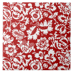 William Morris Floral Damask, White op Deep Red Tegeltje