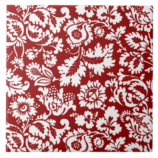 William Morris Floral Damask, White op Deep Red Tegeltje (Voorkant)