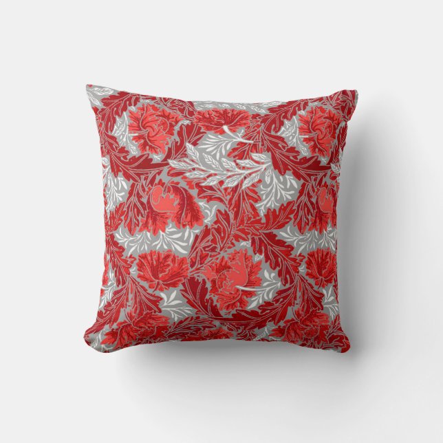 William Morris Floral, Deep Red en Grey/Grey Kussen (Voorkant)
