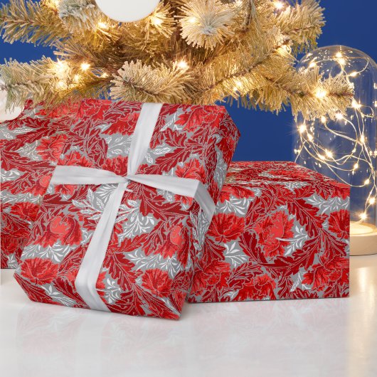 William Morris Floral, Deep Red en Silver Grey Cadeaupapier (Feestdagen)