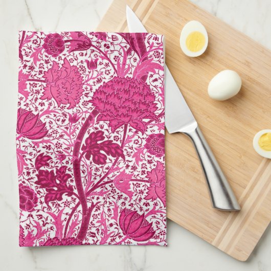 William Morris Floral, Fuchsia Pink en White Theedoek (Quarter Fold)