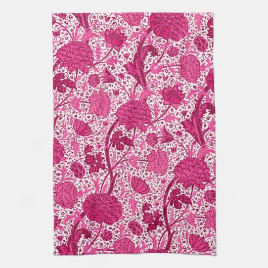 William Morris Floral, Fuchsia Pink en White Theedoek (Verticaal)