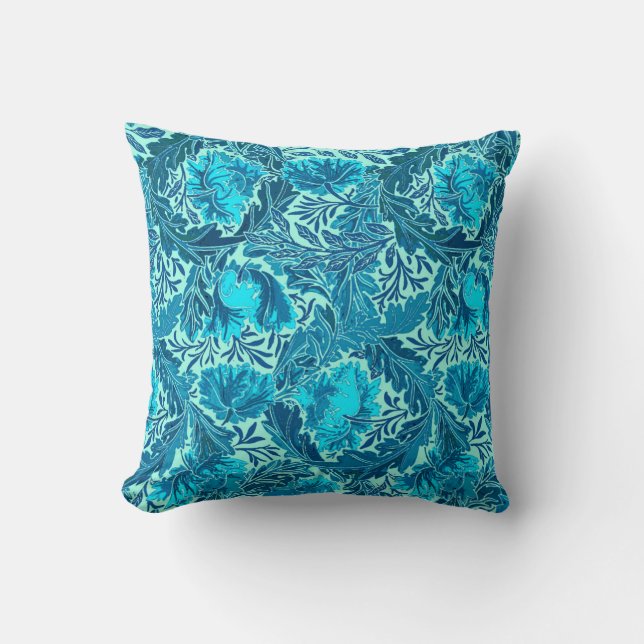 William Morris Floral, Indigo Blue en Turquoise Kussen (Voorkant)