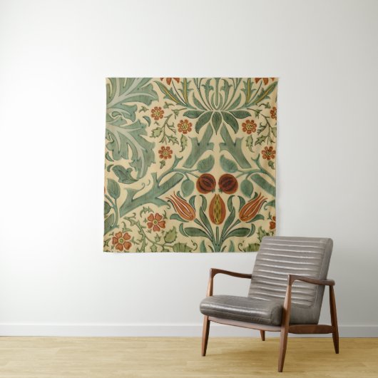 William Morris Floral Pattern Green Cream and Rust Wandkleed (In situ)