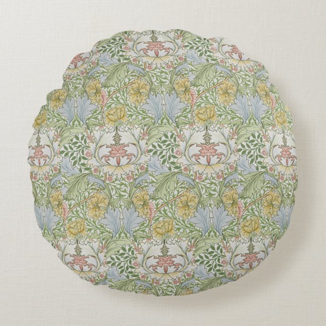 William Morris  Floral Pink Green Myrtle Rond Kussen (Voorkant)