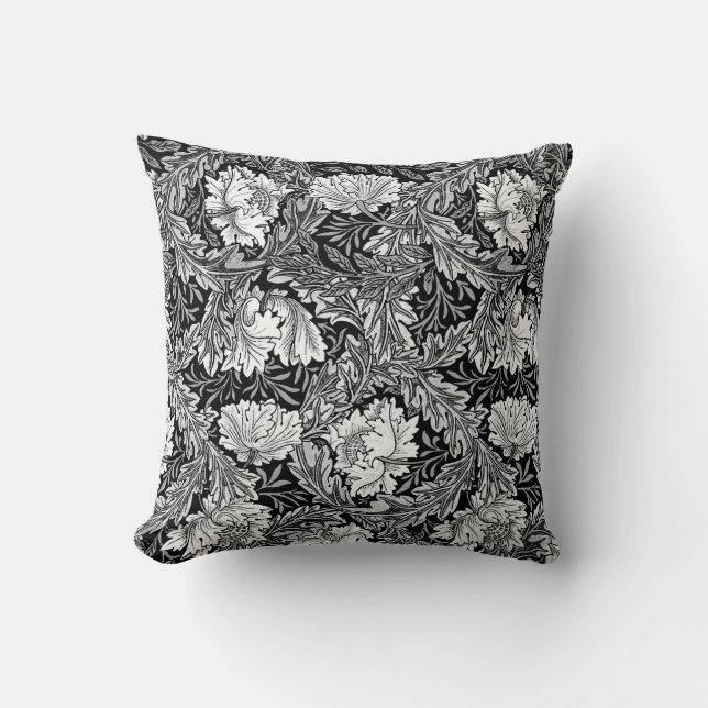 William Morris Floral, zwart, wit en grijs Kussen (Voorkant)