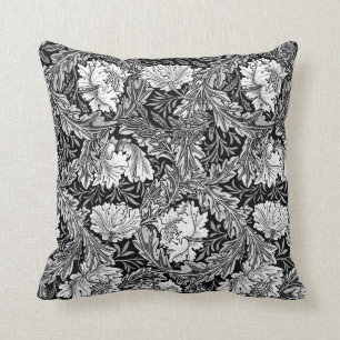 William Morris Floral, zwart, wit en grijs Kussen