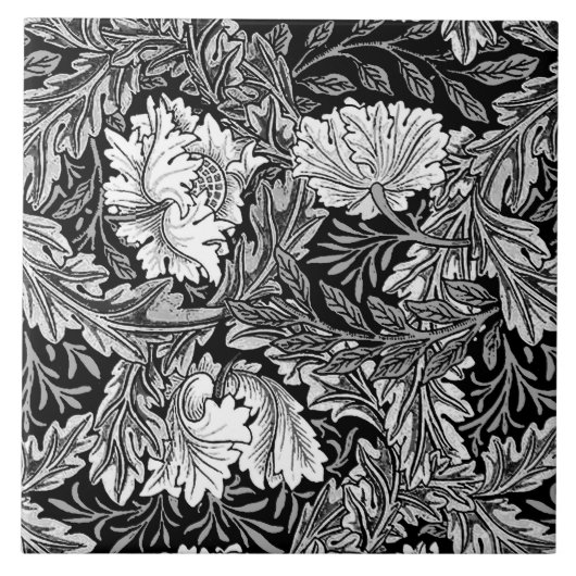 William Morris Floral, zwart, wit en grijs Tegeltje (Voorkant)
