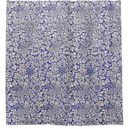 William Morris  Flowers Vogels Blauw Wit Douchegordijn (Voorkant)