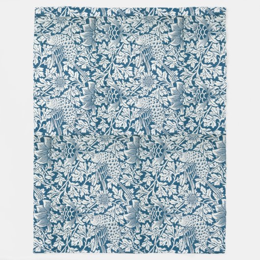 William Morris Flowers Vogels Blauw Wit Fleece Deken (Voorkant)
