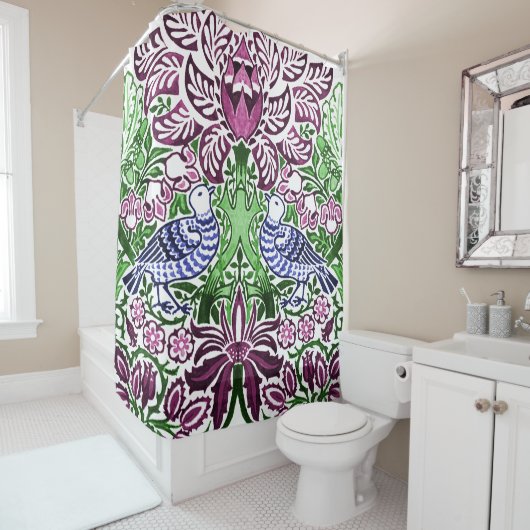 William Morris Folk Art Birds Bloemen Eikels Douchegordijn (In situ)