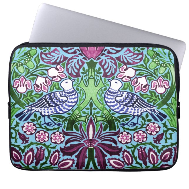 William Morris Folk Art Birds Bloemen Eikels Laptop Sleeve (Voorkant)