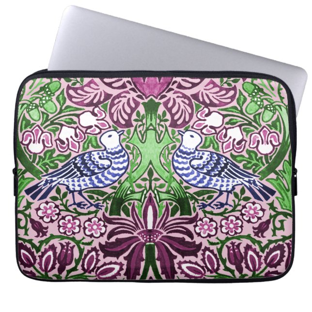William Morris Folk Art Birds Bloemen Eikels Laptop Sleeve (Voorkant)
