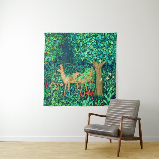 William Morris Forest Deer Tapestry Print Wandkleed (In situ)