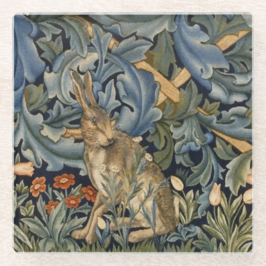 William Morris Forest Rabbit Floral Art Nouveau Glazen Onderzetter (Voorkant)
