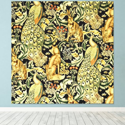 William Morris Forest Tapestry Fox Hare Peacock Canvas Afdruk (Insitu (Houten vloer))