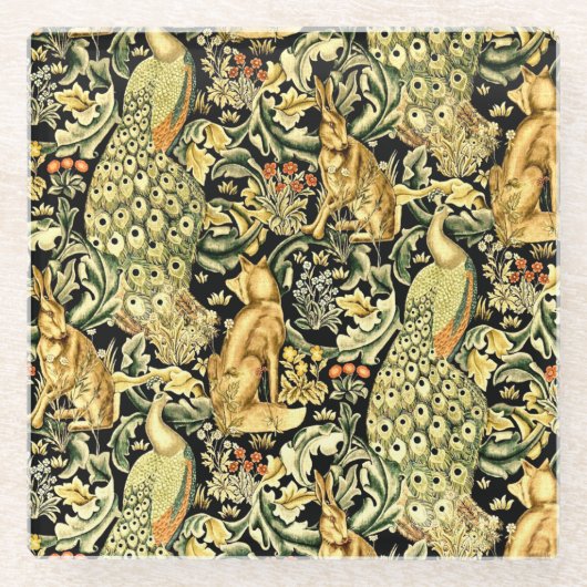 William Morris Forest Tapestry Fox Hare Peacock Glazen Onderzetter (Voorkant)