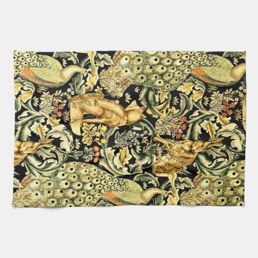 William Morris Forest Tapestry Fox Hare Peacock Theedoek (Horizontaal)