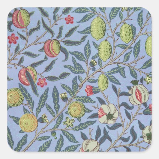 William Morris Fruit Pomegranate Blue Ornament Vierkante Sticker (Voorkant)