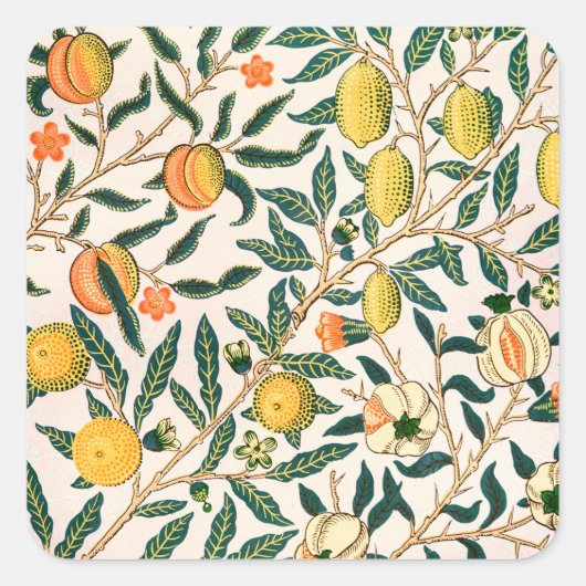 William Morris Fruit Pomegranate White Ornament Vierkante Sticker (Voorkant)