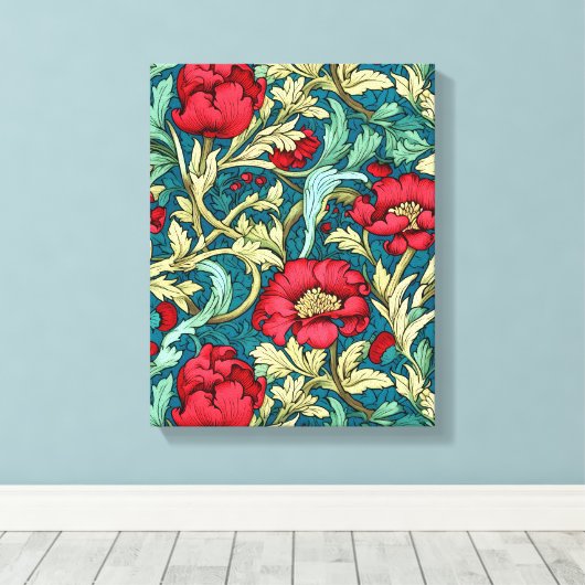 William Morris geïnspireerd door Red Flowers Patte Canvas Afdruk (Insitu (Houten vloer))